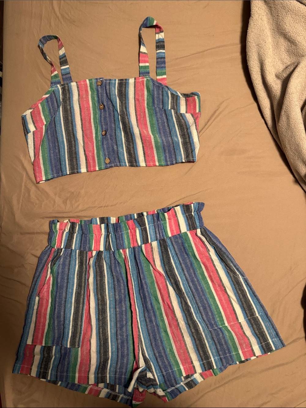 SHEIN Striped Blue Pink Green Multi-Color Women's Shorts Set